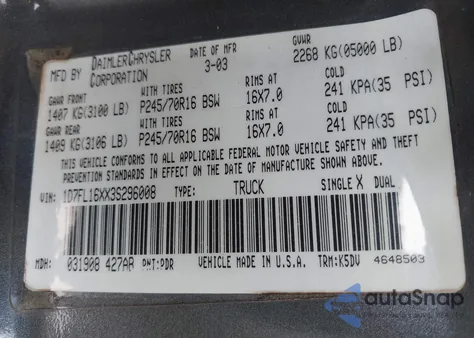 2003 Dodge Dakota from USA, damaged, VIN 1D7FL16XX3S296008